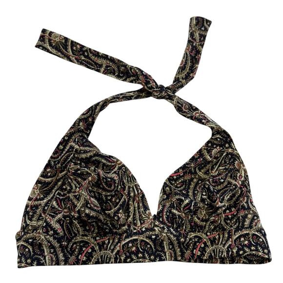 J Crew Bikini Top Womens Small D Cup Black Gold Paisley Print Halter Swim Padded - Picture 1 of 7